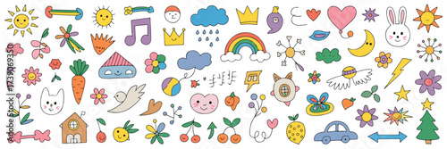 A colorful hand-drawn doodle pattern on a white background featuring various cute and whimsical elements.  