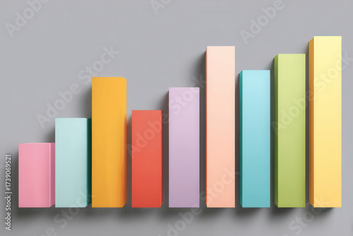 Colorful blocks arranged in an upward trend against a gray wall creating a modern visual representation of growth and progress