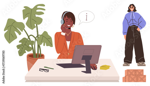 Woman in headset at a desk with computer, plant, and glasses, responding to inquiry. Ideal for customer service, communication, teamwork, IT support, productivity professionalism simple flat