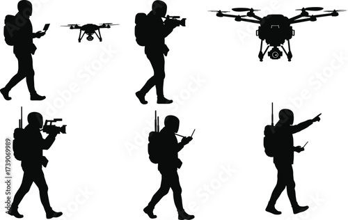 Drone silhouettes, UAV operator illustration, remote control concept, aerial surveillance artwork,
