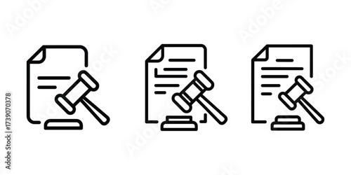 Vector art of document with gavel representing legal process icon. Probate linear icon. Contour symbol.