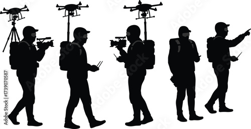 Wearable drone silhouettes, portable UAV system illustration, remote control concept art, aerial