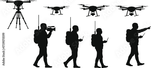 Drone operation silhouettes, remote control illustration, UAV field technology, aerial surveillance