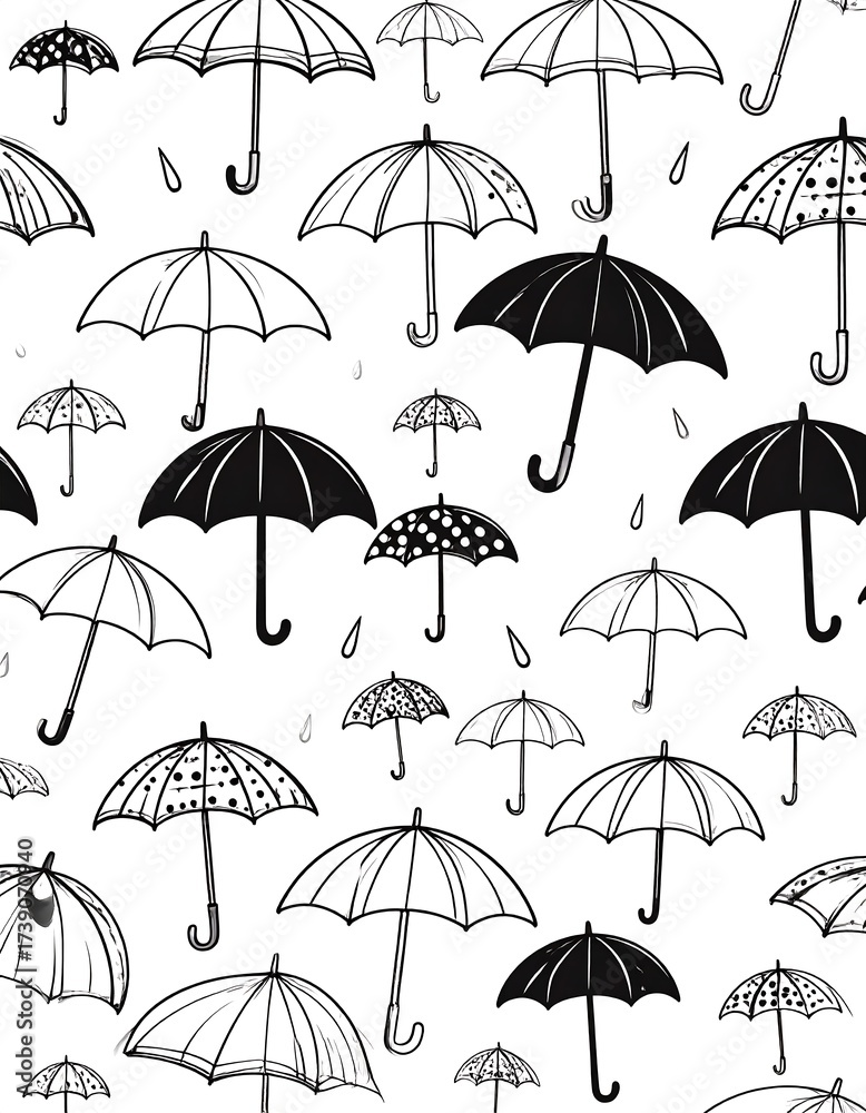 Fototapeta premium Monochrome pattern of various opened umbrellas with raindrops