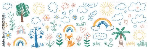 A whimsical doodle illustration collection featuring various hand-drawn elements in a childlike style.
