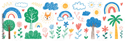 A whimsical doodle illustration collection featuring various hand-drawn elements in a childlike style.