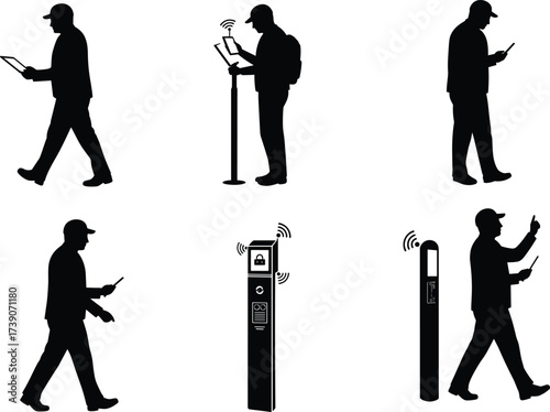 Mobile technology silhouettes, smart kiosk illustration, wireless communication art, digital
