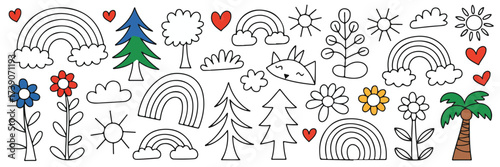 A whimsical doodle illustration collection featuring various hand-drawn elements in a childlike style.