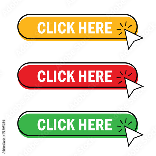 Click here for a vector web button, a Web button with the action of a pointer. Click here, UI button concept. Vector illustration
