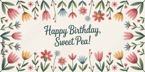 A whimsical, hand-drawn floral pattern illustration on a white background. The pattern features a collection of simple, stylized flowers and leaves in pastel colors. 