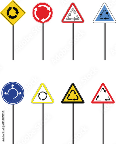 Set of Circular Road Signs with Recycling and Rotation Symbols Multinational Traffic Icons Collection