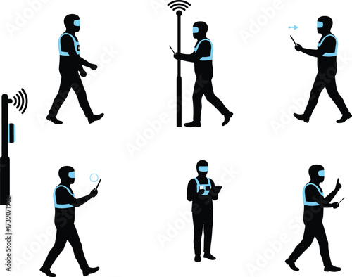 Mobile technology silhouettes, wireless communication illustration, digital device usage art,