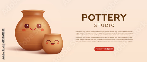 Pottery workshop advertising vector flyer or web banner design template. Hand made ceramics, clay crockery cartoon 3d illustration. Pottery lesson, ceramic studio, hobby master class invitation layout