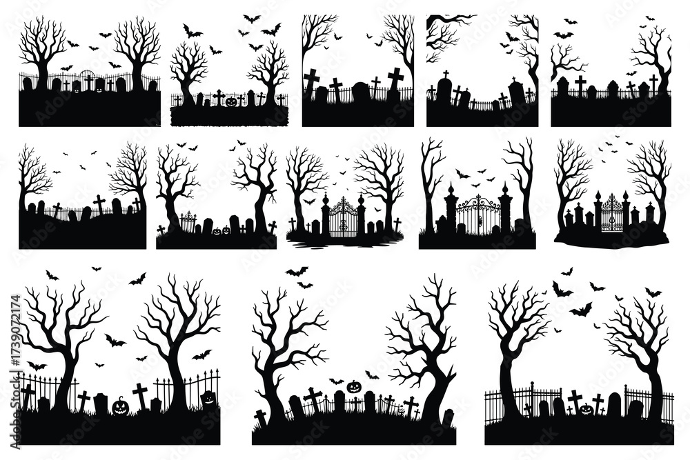 Fototapeta premium Halloween cemetery silhouettes with bare trees and bats