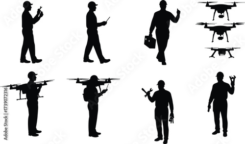 Drone operator silhouettes, remote control illustration, UAV technology concept, modern aviation