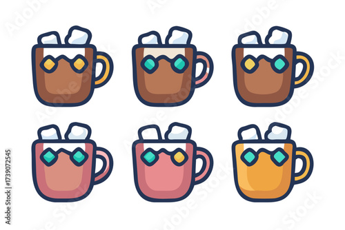 Six mugs of hot chocolate with marshmallows