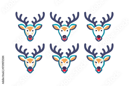 Six reindeer heads with cute face