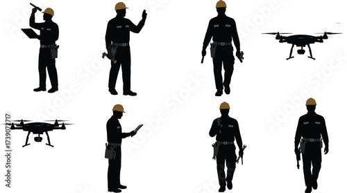 Construction worker silhouettes, drone technology illustration, engineering teamwork concept, modern building industry, digital inspection design, industrial workforce art, futuristic construction