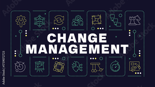 Change management dark word concept. Innovations in organization workflow. Business strategy. Horizontal vector image. Headline text surrounded by editable outline icons. Hubot Sans font used