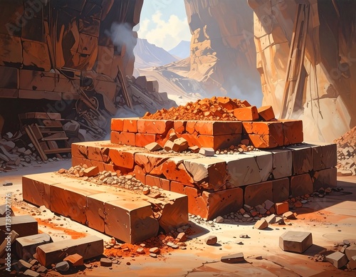 Illustration of Bricks and Stone Blocks in a Desert or Quarry Environment