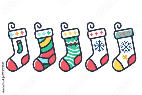 Five colorful christmas stocking icons for holiday
