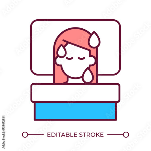 Night sweats line color icon. Hormonal disbalance impact of women health. Climacteric challenge. Menopause symptom. Isolated vector illustration. Flat colorful symbol design. Editable stroke