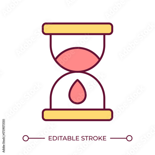 Perimenopause line color icon. Hourglass with blood drop. Irregular menstrual cycles. Unpredictive periods. Menopause stage. Isolated vector illustration. Flat colorful symbol design. Editable stroke