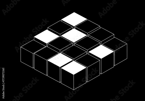 Minimalist black and white 3D block structure representing a conceptual system, data, or network architecture