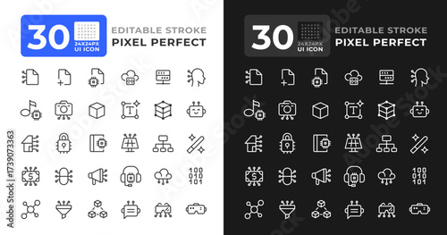 Software development line ui icons set for light and dark mode. Ai technology. Production automation. Vector outline symbols iconography. User interface elements linear, pixel perfect