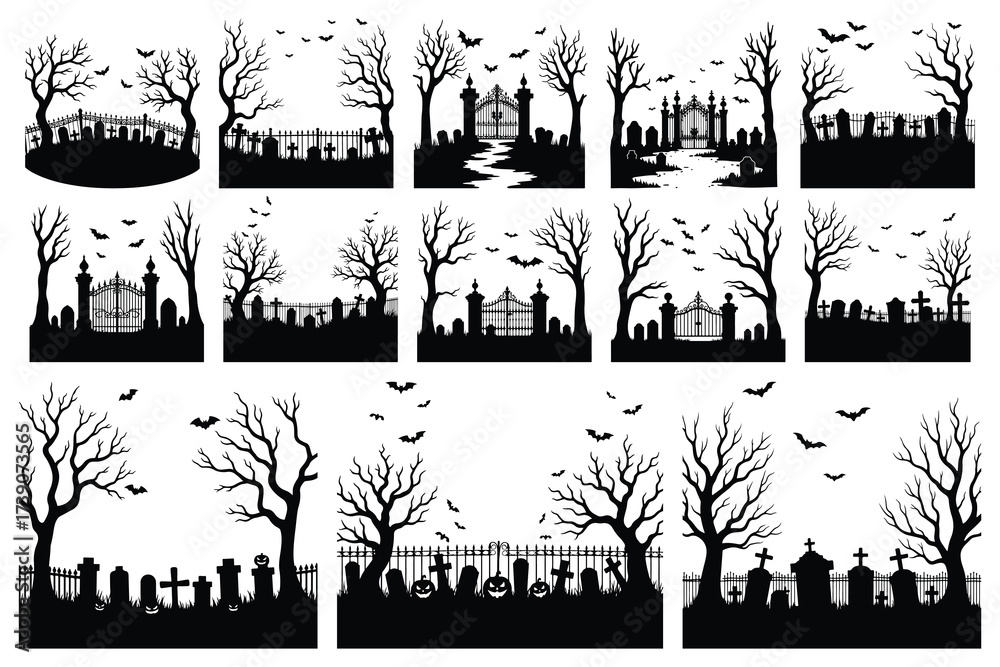 Obraz premium Halloween graveyard scenes with bare trees and bats