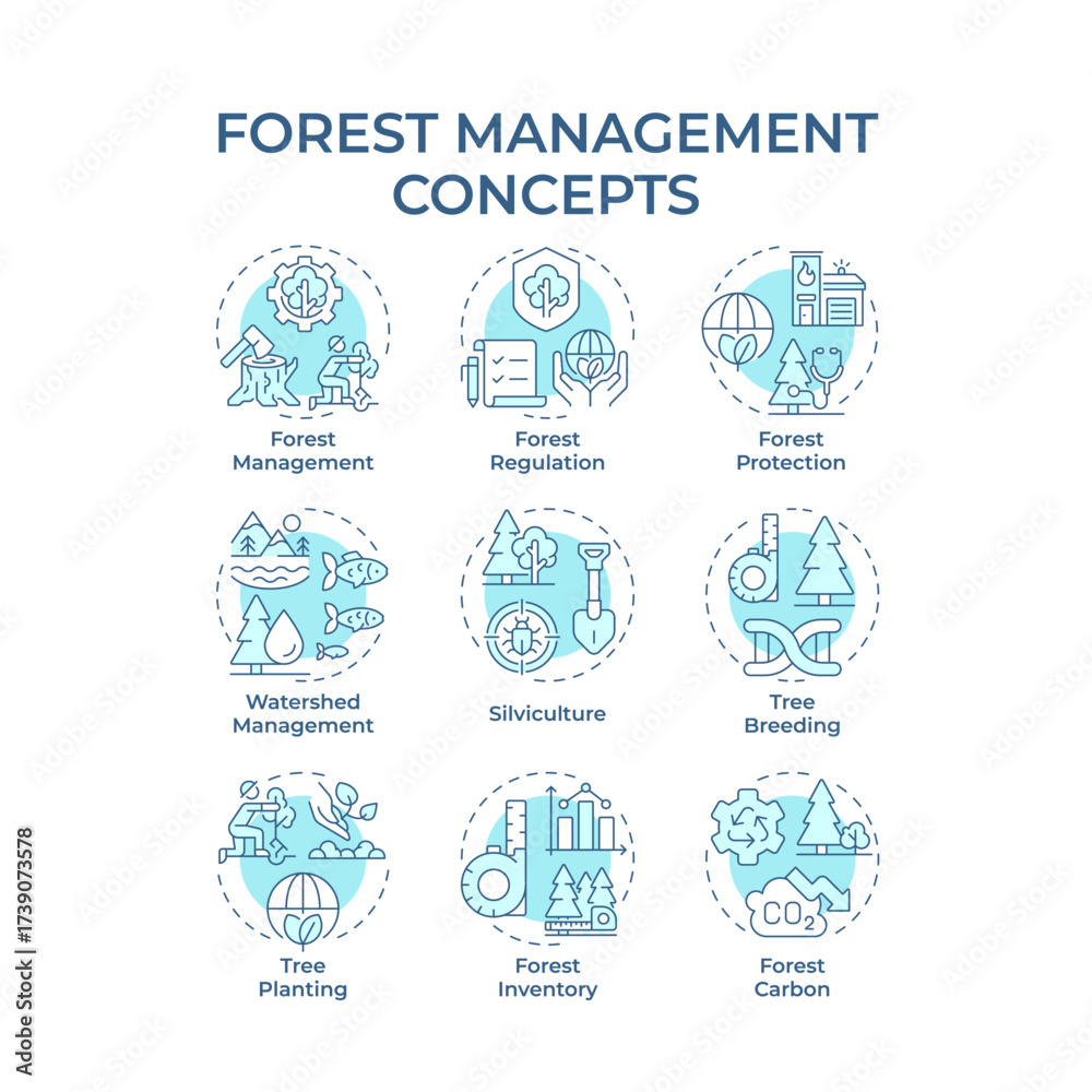 Fototapeta premium Forest management soft blue concept icons. Tree breeding, planting. Ecosystem health, emissions. Icon pack. Vector images. Round shape illustrations for brochure, booklet. Abstract idea