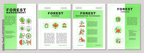 Forest management brochure layout. Ecosystem health, volunteering. Ecology preservation. Leaflet advertising design with color line icons. Editable 4 pages. Arial-Black, Myriad Pro-Regular fonts used