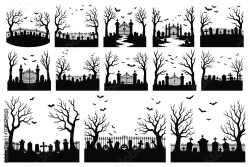 Halloween graveyard scenes with bare trees and bats