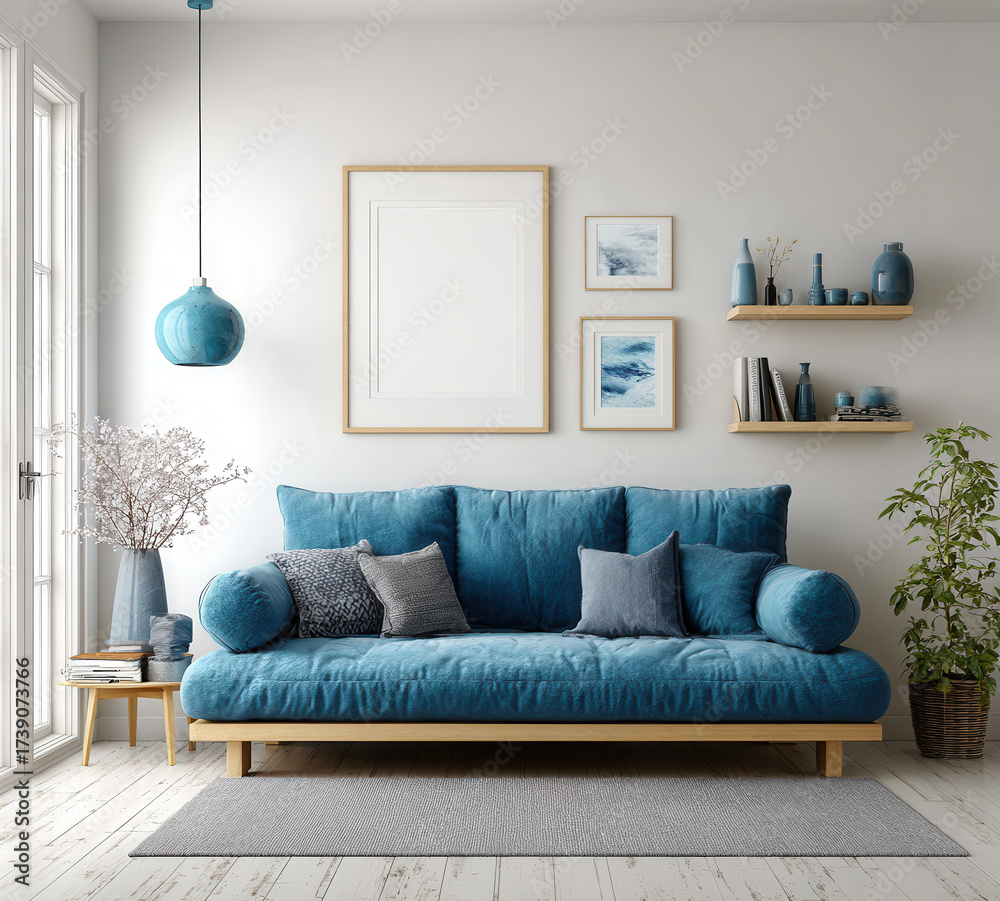 Fototapeta premium Cozy living room with blue sofa and stylish decor in modern interior design setting