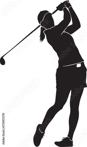 Elegant black silhouette of a woman golfer in mid swing capturing the dynamic motion of the sport with clean lines and a classic aesthetic