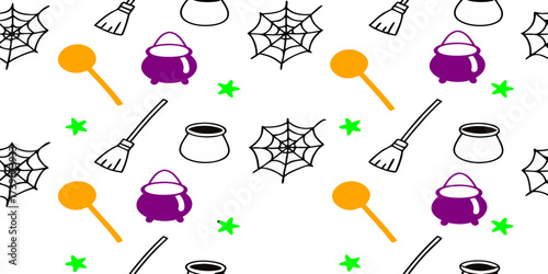 Cute Hand-Drawn Halloween Seamless Pattern with Witch Cauldron, Spider Webs, Broomsticks, Stars, and Festive Candy Elements for Kids Decor.
