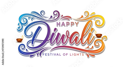 ​A Colorful Happy Diwali Greeting With 3D Decorative Typography And A Swirling Design On White
