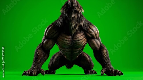 ﻿A fearsome werewolf howls powerfully, full body shot, isolated on green screen fantasy, powerful, wild