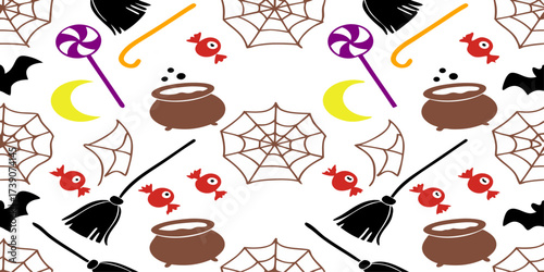 Cute Hand-Drawn Halloween Seamless Pattern with Witch Cauldron, Spider Webs, Broomsticks, Stars, and Festive Candy Elements for Kids Decor.