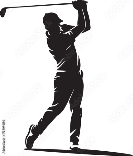 Dynamic black silhouette of a male golfer in mid swing on a white background perfect for sports and leisure themes