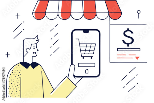 Man holding smartphone with shopping cart and store awning Keywords: online shopping, e-commerce, mobile commerce, smartphone, shopping cart