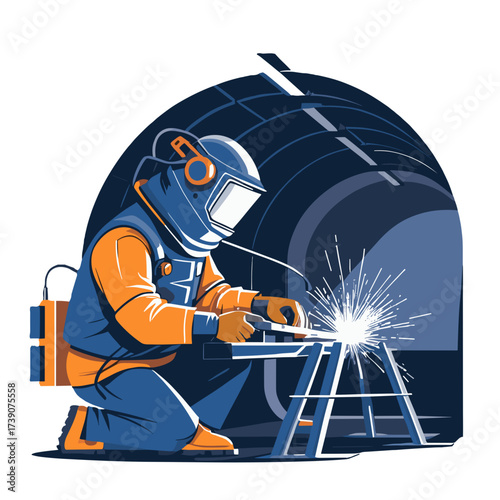 Welder in protective gear working in a tunnel, showcasing industrial craftsmanship and safety in a dynamic design