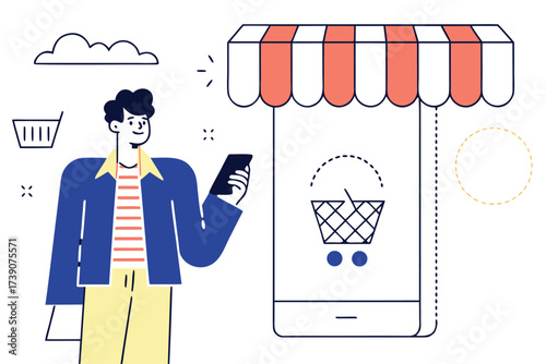 Man with smartphone and online store interface with shopping cart Keywords: online shopping, e-commerce, mobile commerce, smartphone, shopping
