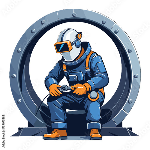 Astronaut gaming in a futuristic setting inside a circular gateway, showcasing virtual reality and technology