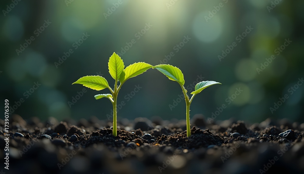 Fototapeta premium Two Young Seedlings Growing from Soil with Sunlight