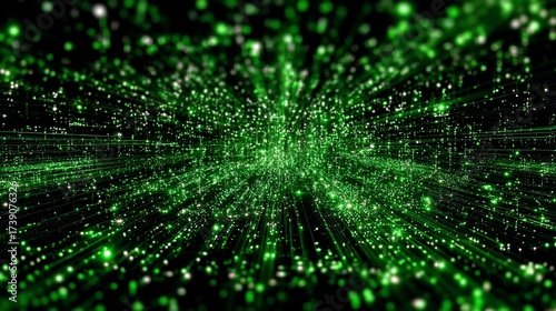 Abstract digital green matrix background with glowing particles and data streams