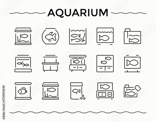 Aquarium icon set. Thin outline icons pack. Contain linear sign fish, life, animals, underwater animal. Pixel perfect. Editable vector. Underwater icon set.