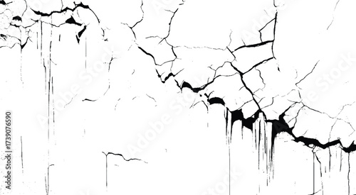 Distress overlay vector textures. Vector cracks, breaks on land surface from earthquake. White black grey wall, floor with cracks, texture background.