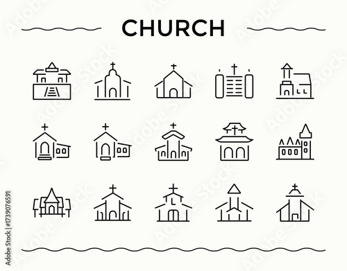 Church icon set. Thin outline icons pack. It contains symbols to cross, christ, sanctuary, religion, synagogue, building, temple. Vector illustration. Faith icon collection.