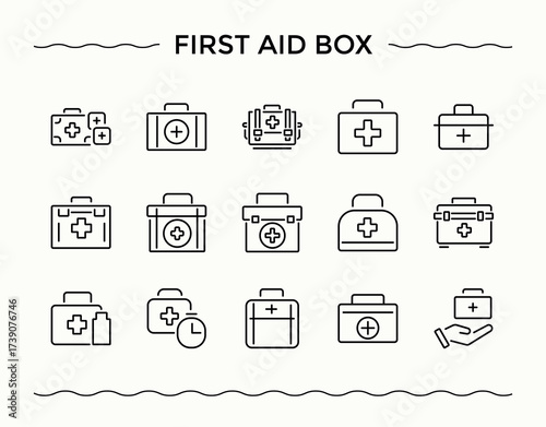 first aid box icon set. Outline icons collection. Doctor icon set. It contains symbols to emergency, patient, health, briefcase, cross, medical, medicine and more.